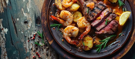 Delicious Steak Oscar with jumbo prawns served with roasted potatoes. with copy space image. Place for adding text or design - obrazy, fototapety, plakaty