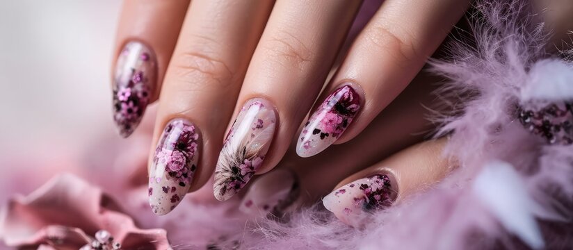 Exclusive nail designs in the color of the fur The gel Polish Painted flowers on the nails Workshop technique Manicure. with copy space image. Place for adding text or design