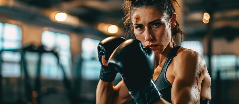 Athletic Woman is ready for Punch Punching Bag She s Strong and Gorgeous Woman They Workout in a Gym. with copy space image. Place for adding text or design
