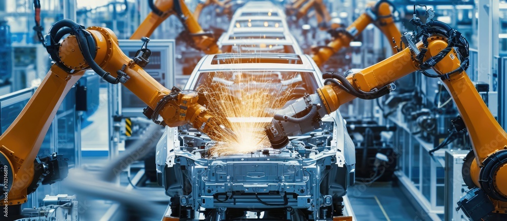 Poster Aerial Car Top View Factory Digitalization Concept Automated Robot Arm Assembly Line Manufacturing High Tech Electric Vehicles AI Computer Vision Analyzing Scanning Production Efficiency