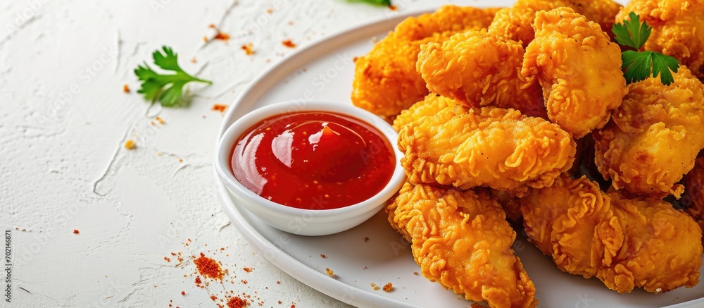 Poster Fried crispy chicken nuggets with ketchup on white board. with copy space image. Place for adding text or design