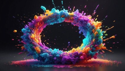 Dynamic abstract visual featuring a ring of multicolored particles, resembling an energetic...