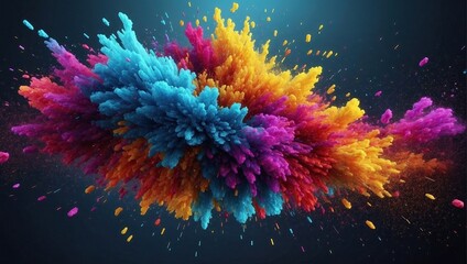 Colorful abstract explosion with a dense cluster of blue, pink, and yellow particles bursting...