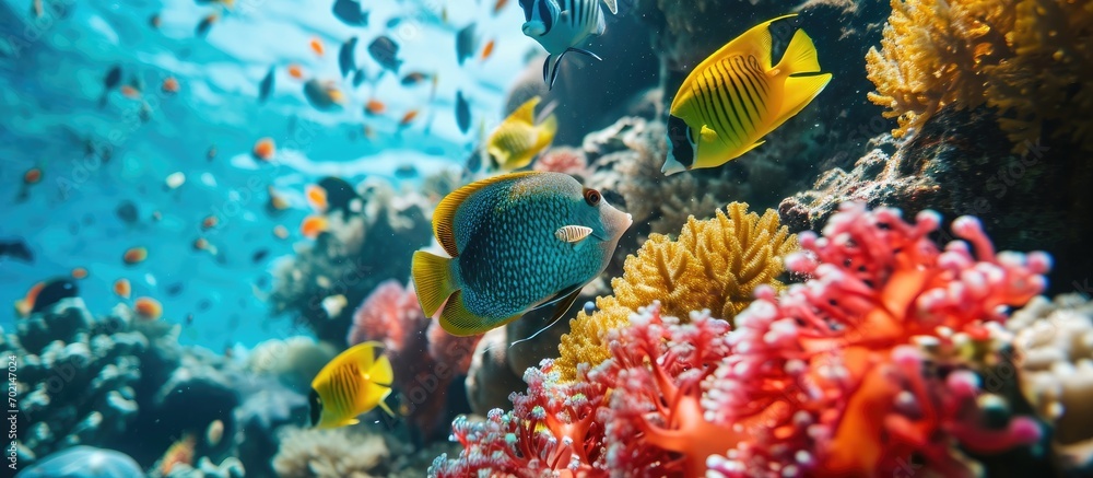 Aufkleber Abstract shot of a Colorful fish in the clear seetrue waters of the Red Sea. with copy space image. Place for adding text or design