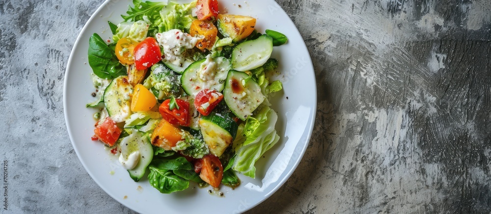 Aufkleber fresh caesar salad in white plate on concrete table top view. with copy space image. place for addin