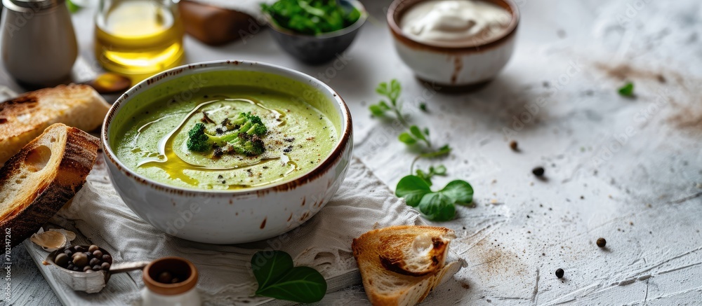 Poster Bowls of broccoli cream soup with olive oil pepper and toasted bread slices on a rustic white wooden table. with copy space image. Place for adding text or design