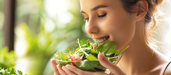Attractive woman with a healthy lifestyle eating a bowl of salad Young woman eating her greens. with copy space image. Place for adding text or design - obrazy, fototapety, plakaty