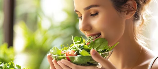 Gordijnen Attractive woman with a healthy lifestyle eating a bowl of salad Young woman eating her greens. with copy space image. Place for adding text or design © vxnaghiyev