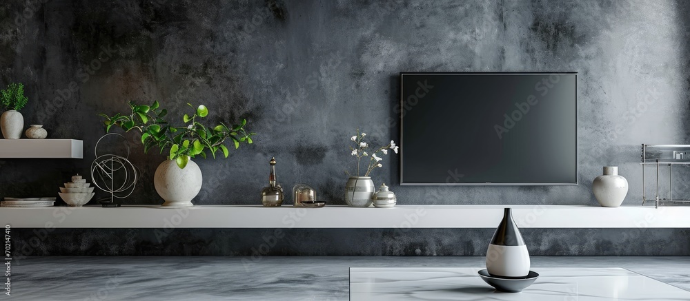 Aufkleber a part of modern living room interior with grey shelf and flat tv on it. with copy space image. plac