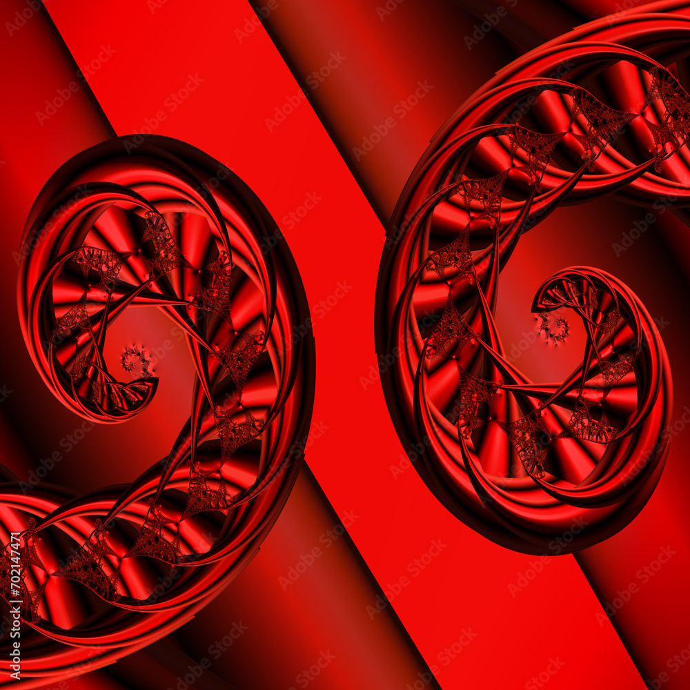 Poster on a vivid red diagonal background scarlet and black intricate spiral pattern and twined design