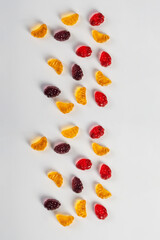 Assorted gummy candies, Juicy colorful jelly sweets. Gummy candies on white background
