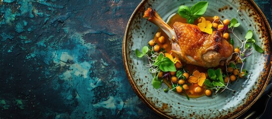 Duck leg fried in a sauce with sprouted sprouts flower petals chickpeas in sauce and basil in a plate on the table. with copy space image. Place for adding text or design