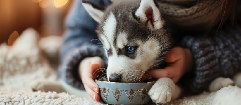 Cute little husky puppy at home waiting to eat his food in a bowl Owner feeding his cute dog at home Pets indoors. with copy space image. Place for adding text or design