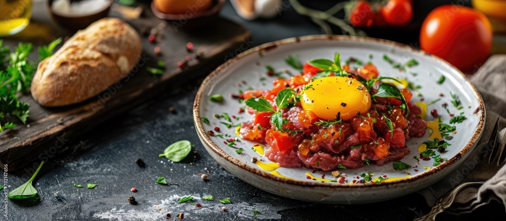 Poster Gourmet tartar raw from beef fillet with yellow of the egg grilled and baguette as closeup on modern design dish. with copy space image. Place for adding text or design