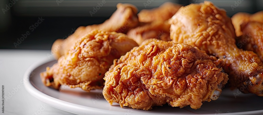 Poster a white plate with fresh crispy fried chicken. with copy space image. place for adding text or desig