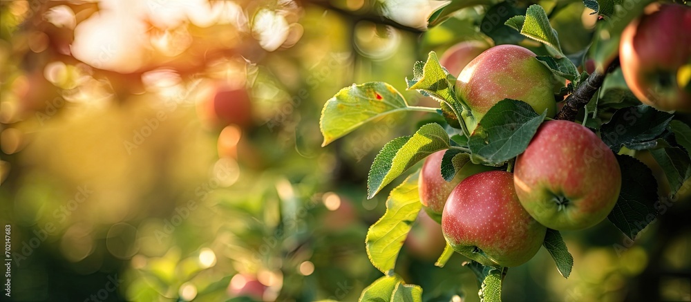 Poster Apple orchard with an unripe harvest of green apples apple orchard with a harvest of apple fruits in the summer. with copy space image. Place for adding text or design