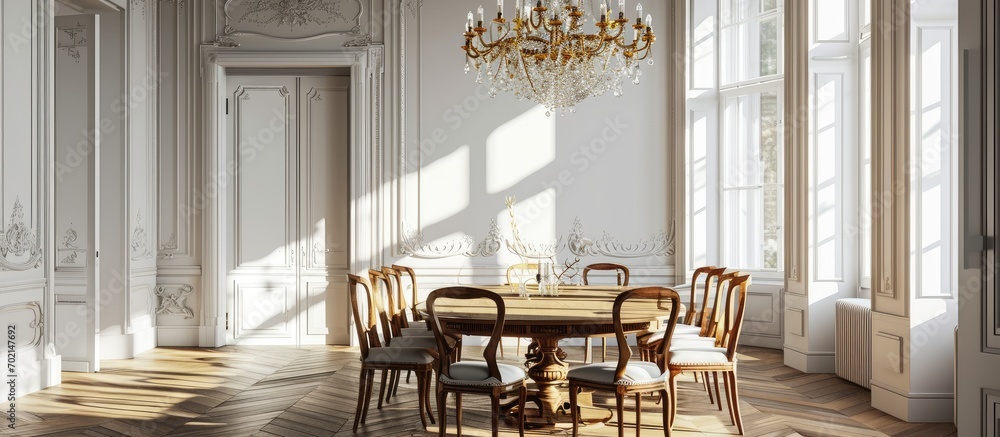 Poster a bright dining room detail shot with a gold chandelier hanging above a wooden table and chairs. wit