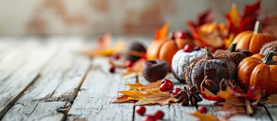Naklejka na ściany i meble Autumn desserts side border Table scene with an assortment of traditional fall sweet treats Above view over a white wood background Copy space. with copy space image. Place for adding text or design