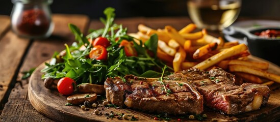 A grilled ribeye steak served with mushrooms chips french fries and a garden salad of lettuce cucumber baby carrot and capsicum. with copy space image. Place for adding text or design - obrazy, fototapety, plakaty