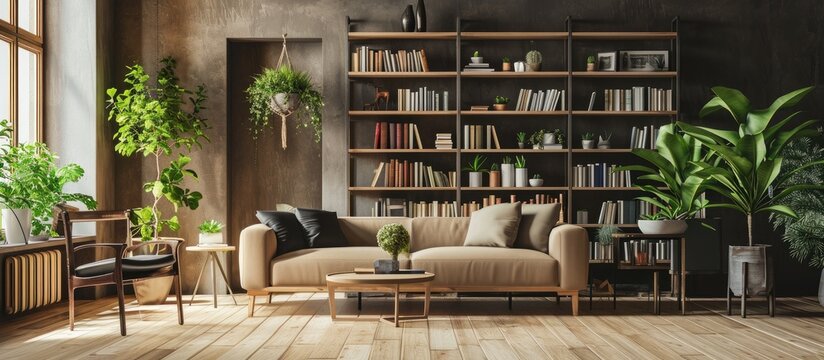 Beige sofa in a simple design living room interior with black and wooden furniture home library and potted plants. with copy space image. Place for adding text or design