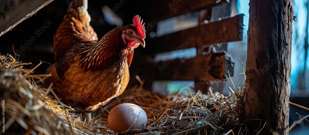Aufkleber brown hen sitting in nest with egg hen and egg hen poultry hatching egg brood hen farming and chicken coop. with copy space image. Place for adding text or design