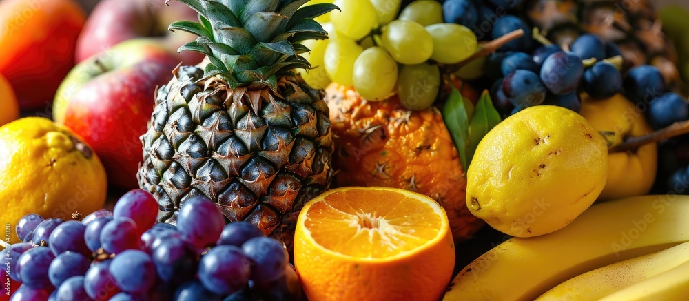 Poster fresh tropical fruits close up pineapple tangerines oranges lemons grapes apples bananas. with copy space image. Place for adding text or design