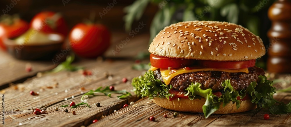 Poster Cheeseburger with beef tomato lettuce and onion on wooden table. with copy space image. Place for adding text or design