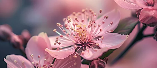Fotobehang Delicate brown yellow stamens of a pink flower macro shot. with copy space image. Place for adding text or design © vxnaghiyev