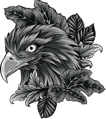 monochromatic illustration of eagle head with leaves - 702147839