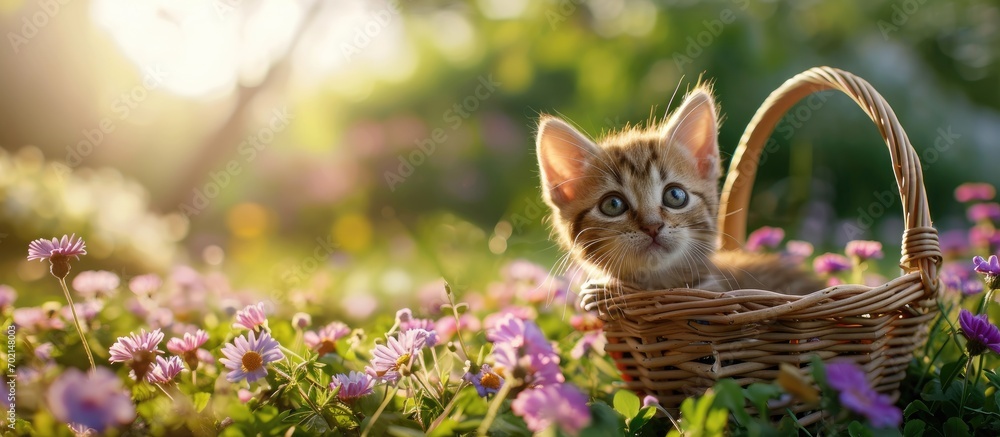Poster cute little kitten sitting in a basket on the floral lawn. with copy space image. place for adding t