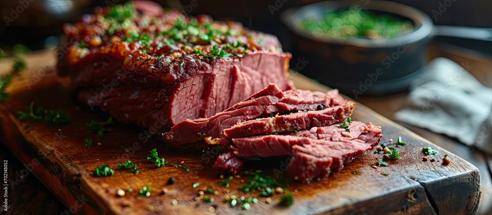 Leinwandbilder Corned beef cooked and sliced on a cutting board irish recipe idea for St Patricks day. with copy space image. Place for adding text or design