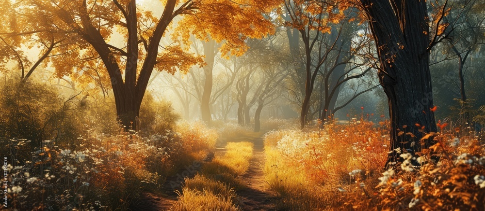 Poster beautiful autumn morning in the mountain hill spruce forest vivid morning in colorful woodland. with