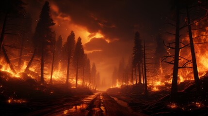 Burning forest at night. Big fire in the forest. Fire in the forest.