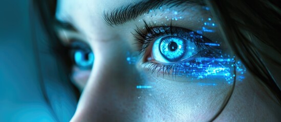 Close up view of blue eye with futuristic holographic interface to display data Portrait of beautiful young woman half of face Augmented reality future technology internet concept