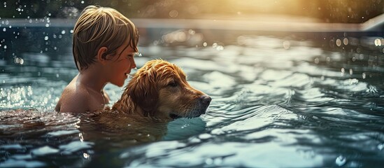 A child boy with a dog indulges in an inflatable pool of water on a hot sunny summer day The child laughs and smiles while splashing water on the dog The dog plays with the child by the pool - obrazy, fototapety, plakaty