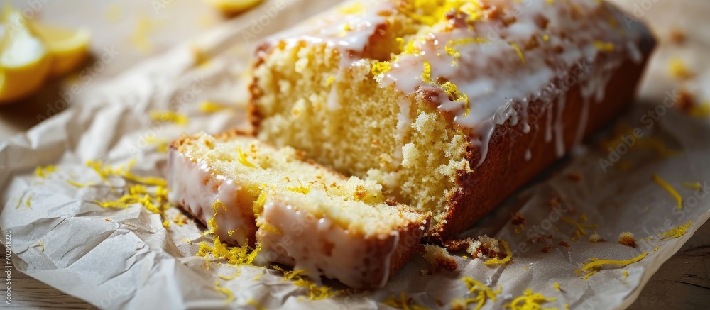 Fototapete Classic lemon pound cake with powdered sugar glaze sliced on parchment paper topped with lemon zest. with copy space image. Place for adding text or design