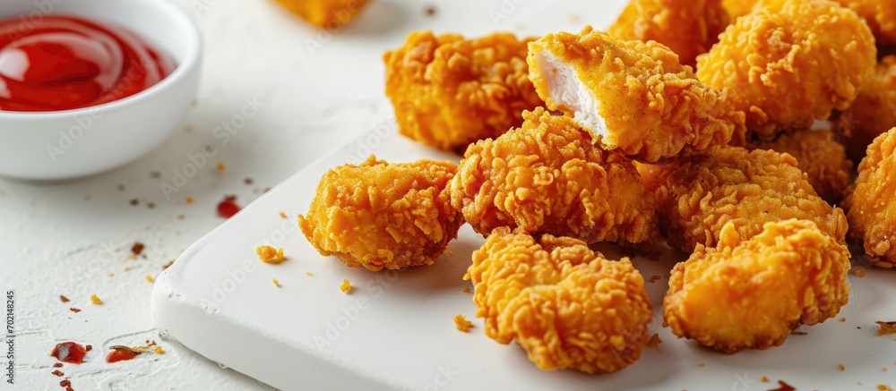 Aufkleber Fried crispy chicken nuggets with ketchup on white board. with copy space image. Place for adding text or design