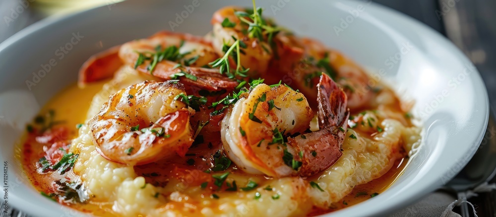 Poster a pan of delicious fresh homemade cajun style shrimp and grits with cheddar biscuit. with copy space