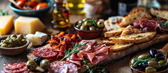 Cured meat and cheese platter of traditional Spanish tapas chorizo salsichon jamon serrano lomo and slices of goat cheese served on wooden board with olives and bread sticks. with copy space image - obrazy, fototapety, plakaty