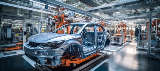 Car manufacture at factory. Generative AI technology.