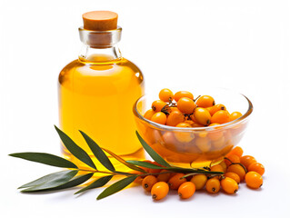 Sea buckthorn with bottle of oil. Fresh ripe berry with leaves isolated on white