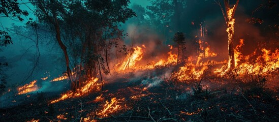 Amazon rain forest fire disaster is burning at a rate scientists have never seen before. with copy space image. Place for adding text or design - obrazy, fototapety, plakaty