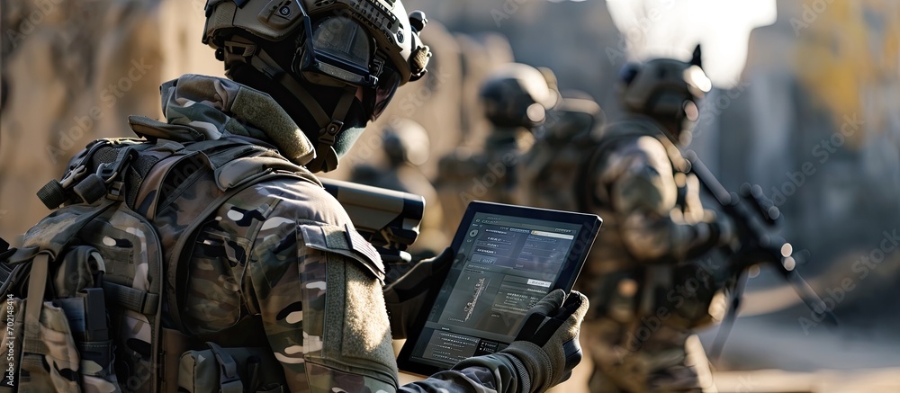 Poster AI Command of the military forces on the tablet computer with augmented reality Internet Programming control with artificial intelligence online coordination of the military team
