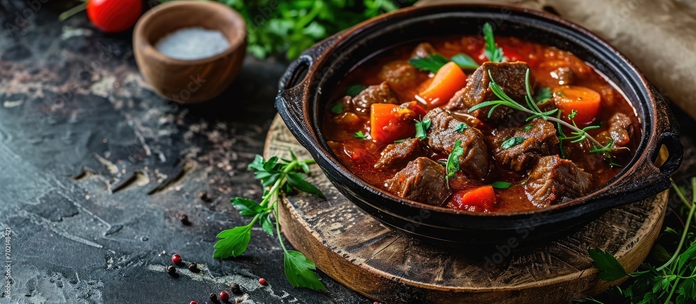 Aufkleber goulash soup with beef sweet pepper and potatoes stew of meat and vegetables flavored with paprika h