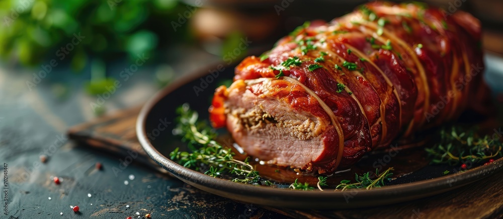 Poster bacon wrapped meatloaf on the white plate. with copy space image. place for adding text or design