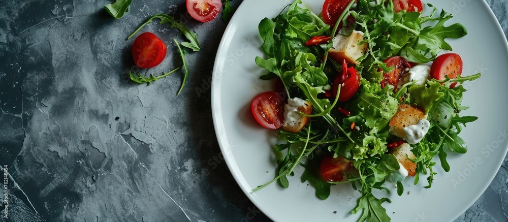 Aufkleber fresh caesar salad in white plate on concrete table top view. with copy space image. place for addin
