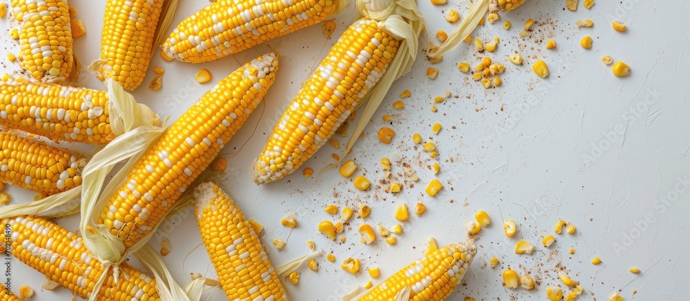 Poster corn for popcorn on a white background dried corn background top view. with copy space image. place 