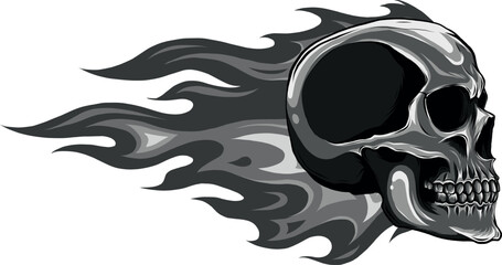 monochromatic Skull on Fire with Flames on white background. digital han draw - obrazy, fototapety, plakaty