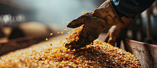 Closeup of handful of corn meal in hands of experienced farmer checking quality of livestock feed in farm storage. with copy space image. Place for adding text or design - obrazy, fototapety, plakaty