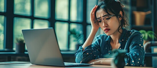 Adult asian business working woman has frustrated stressed and tried Sitting at desk and work with laptop Clear window office. with copy space image. Place for adding text or design - obrazy, fototapety, plakaty